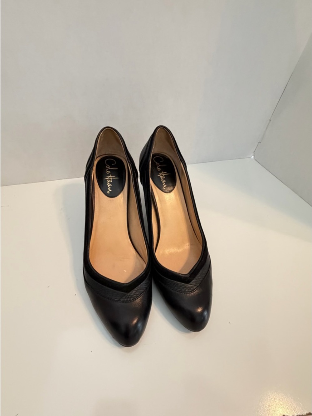 Cole Haan Black Leather Pointed Toe Pumps with Subtle Stitch Detail